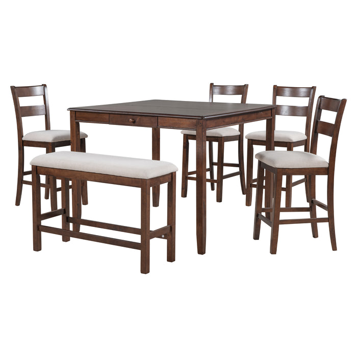 6-Piece Wood Dining Table Set with Storage Drawer - Walnut