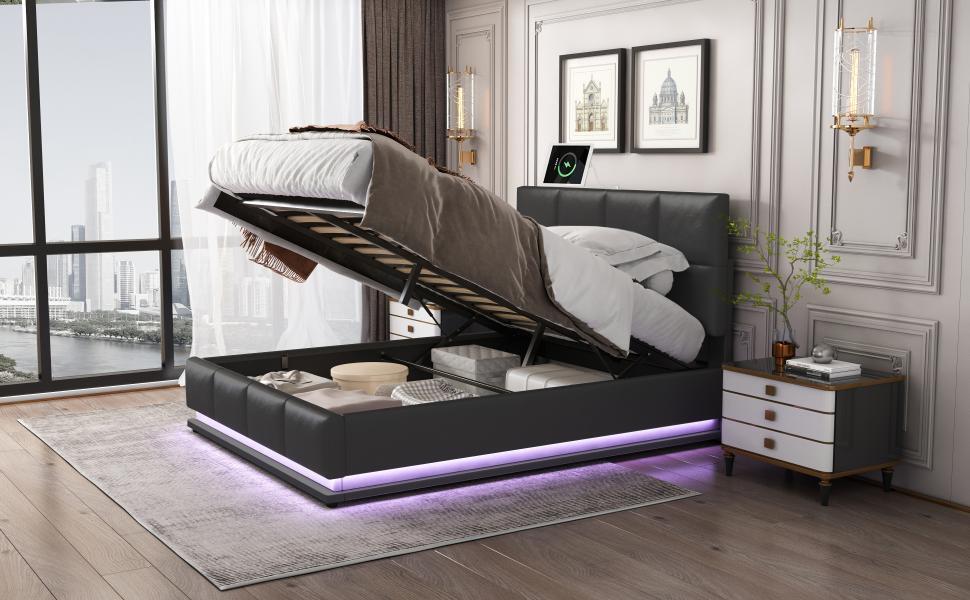 Queen Tufted Upholstered  Storage Platform Bed  with LED Lights and USB charger - Black