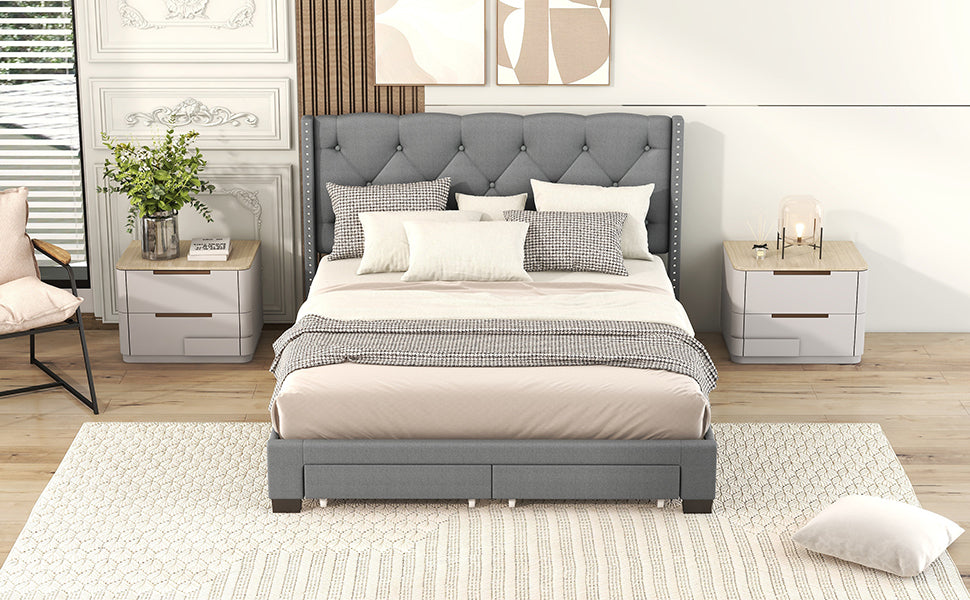 Queen Size Storage Bed Linen Upholstered Platform Bed with Two Drawers - Gray