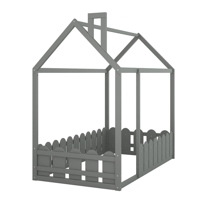 Twin Size Wood Bed House/ Fence (Gray )（Slats are not included)