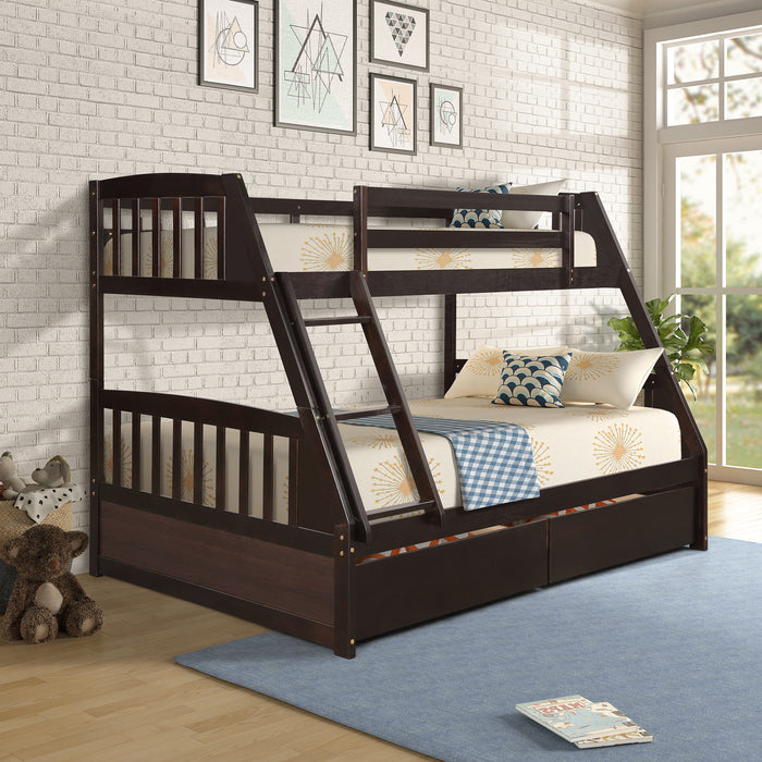 Solid Wood Twin Over Full Bunk Bed with Two Storage Drawers - Espresso