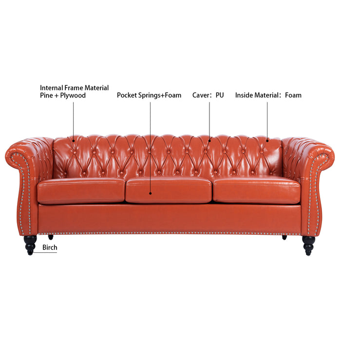 Rolled Arm Chesterfield 3 Seater Sofa - Orange