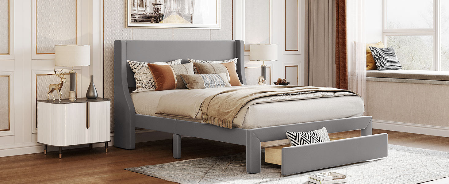 Queen Size Storage Bed Velvet Upholstered Platform Bed with a Big Drawer - Gray