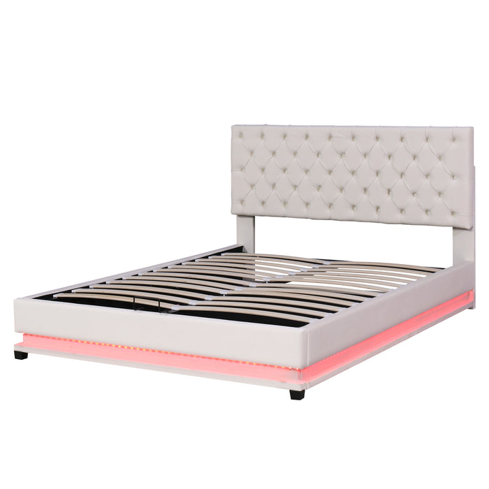 Queen Size Storage Upholstered Platform Bed with Adjustable Tufted Headboard and LED Light - Beige