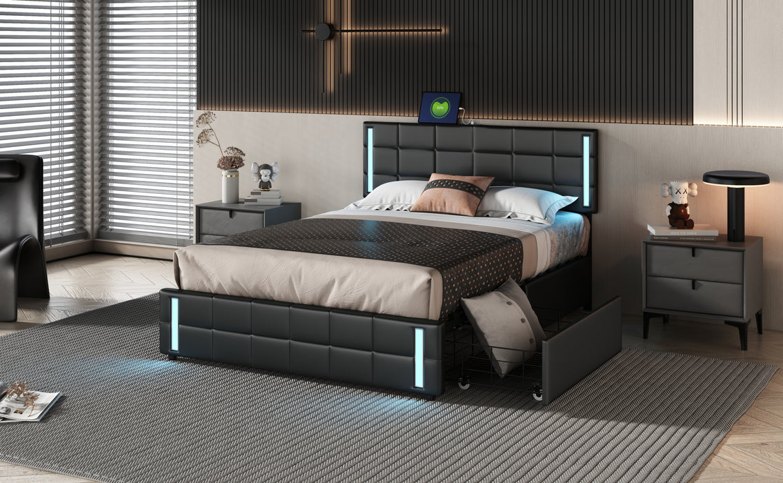 Queen Upholstered  Storage Platform Bed with LED Lights and USB Charging - Black