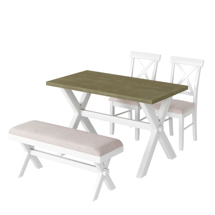 4- Pieces Farmhouse Rustic Wood Kitchen Dining Table Set with Upholstered back Chair - White + Beige