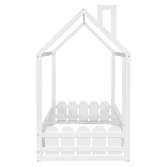 Twin Size Wood Bed House with Fence (White )（Slats are not included)