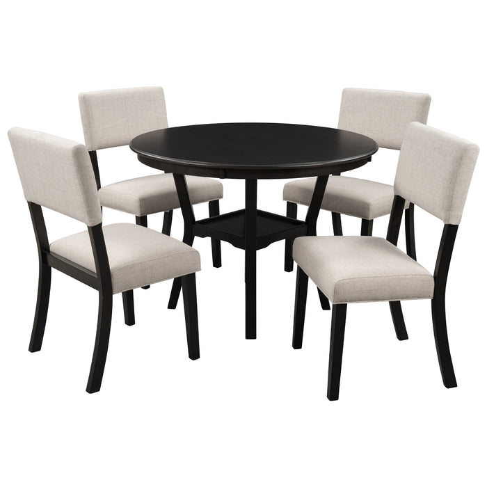 5-Piece Kitchen Dining Table Set Round Table with Bottom Shelf - Espresso