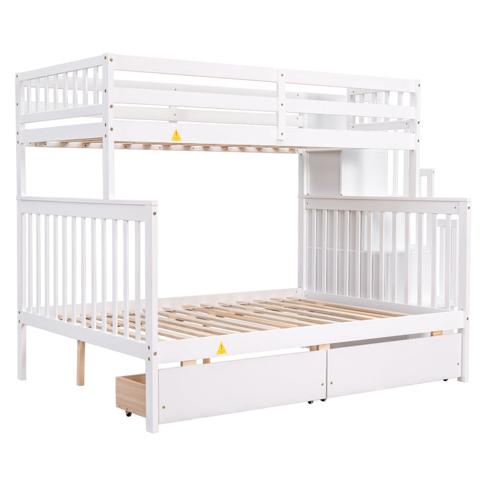 Twin Over Full Convertible Bunk Bed with 2 Drawers and Staircases - White