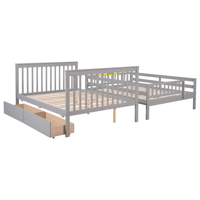 Full Over Full Bunk Bed with 2 Drawers and Staircases - Grey