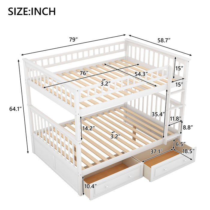 Full over Full Bunk Bed with Drawers - White