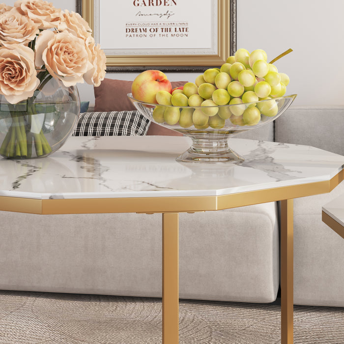 Marble Coffee End table - White Artificial Marble Top (white+golden)