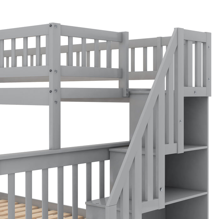 Twin over Full Stairway Bunk Bed with Storage - Gray