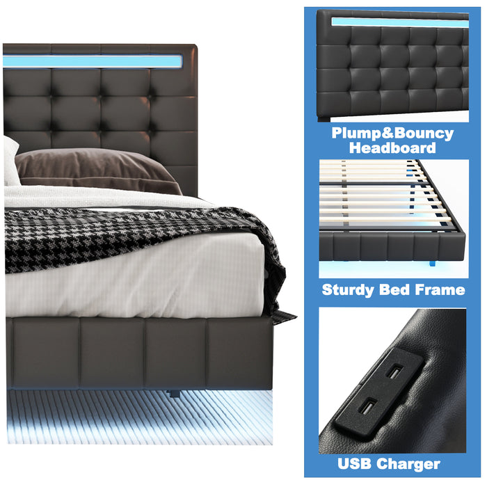 Queen Size Modern Upholstered Platform Bed with LED Lights and USB Charging - Black