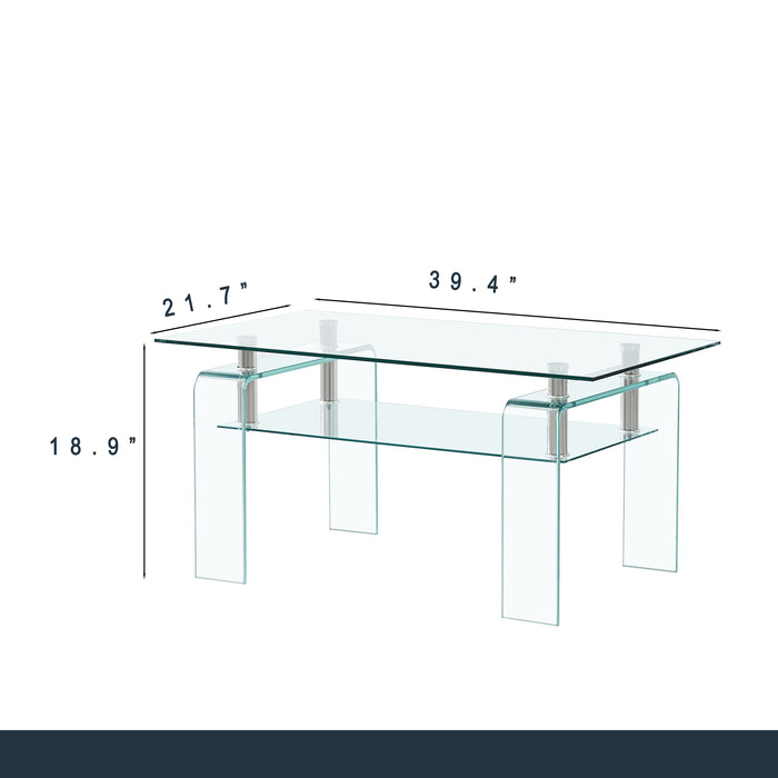 Rectangle Clear Glass Coffee Table, Modern Glass Coffee Table for Living Room, 2-Tier Storage Center Coffee Table,Tempered Glass Tea Table