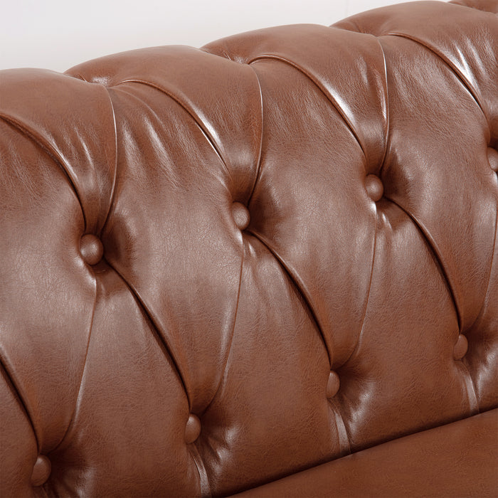 Rolled Arm Chesterfield 3 Seater Sofa - Brown