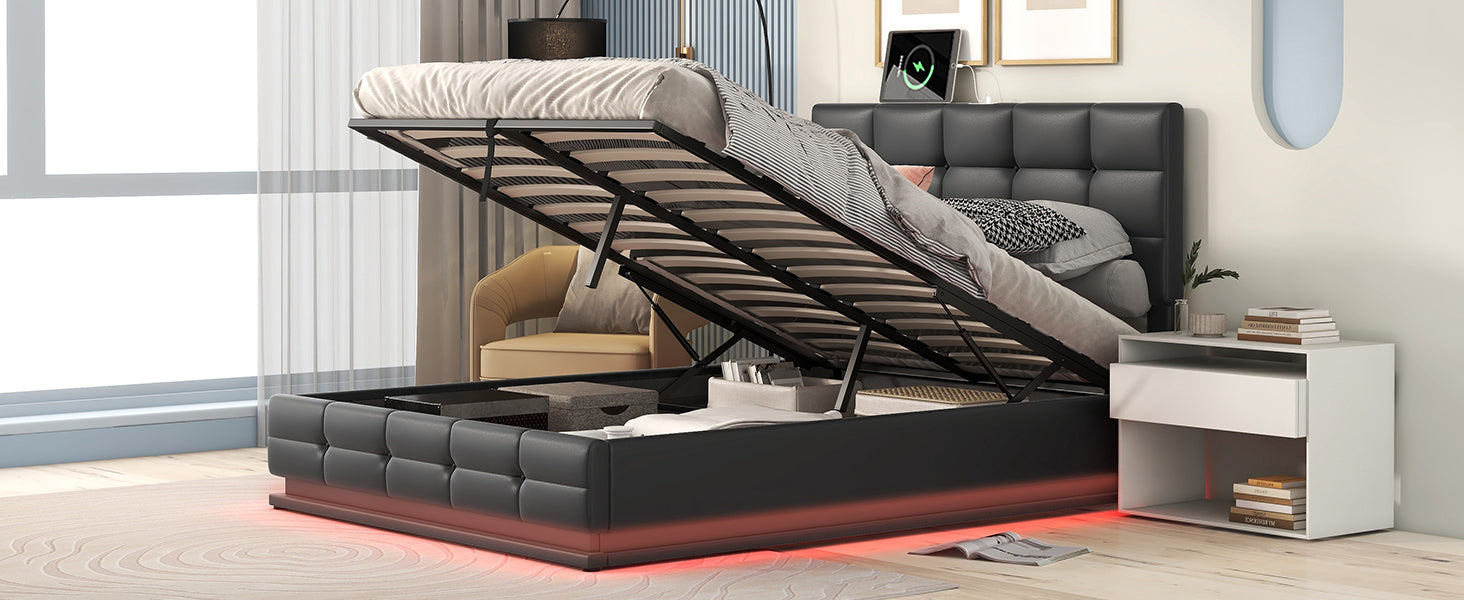 Full Size Tufted Upholstered Platform Bed with Hydraulic Storage and LED Lights and USB charger - Black