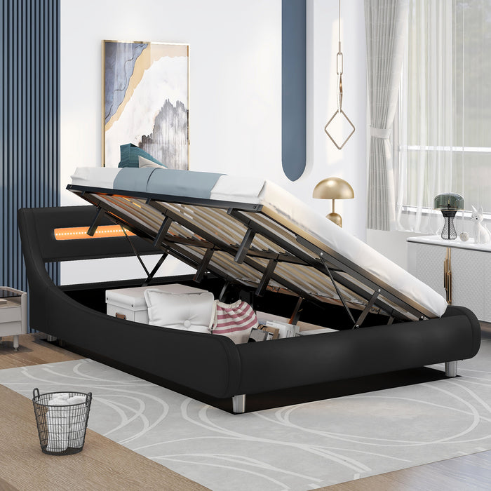 Full Size Low Profile Upholstered Platform Bed with LED headboard. - Black