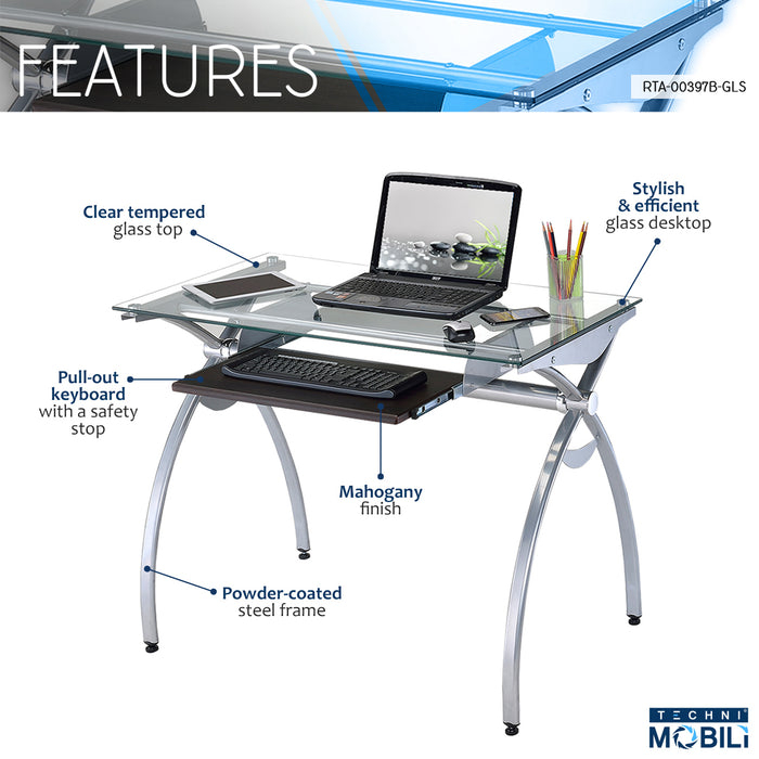 Contempo Clear Glass Top Computer Desk with Pull Out Keyboard Panel, Clear