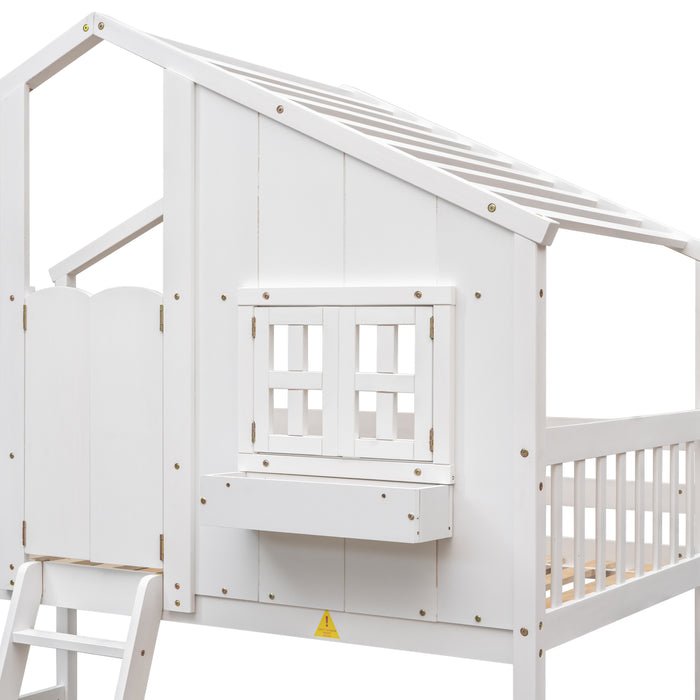 Twin over Twin House Bunk Bed with Roof , Windows - White