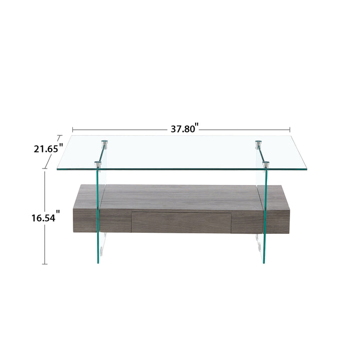 Tempered Glass Coffee table with Dual Shelves and Drawer - transparent/gray