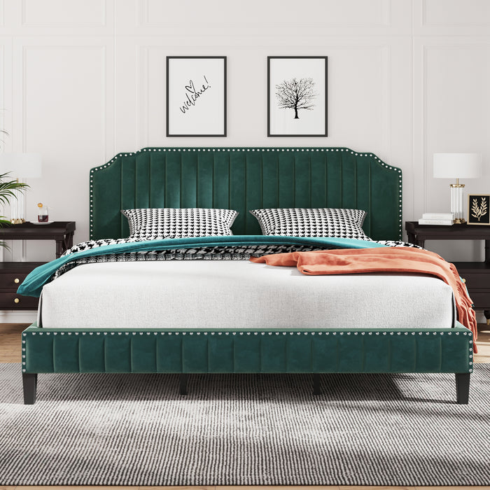 Modern Velvet Curved Upholstered Platform Bed ,  Green (King)