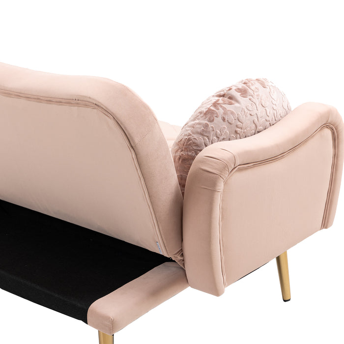 Mid Century Modern Velvet Love Seats Sofa with 2 Bolster Pillows - Pink