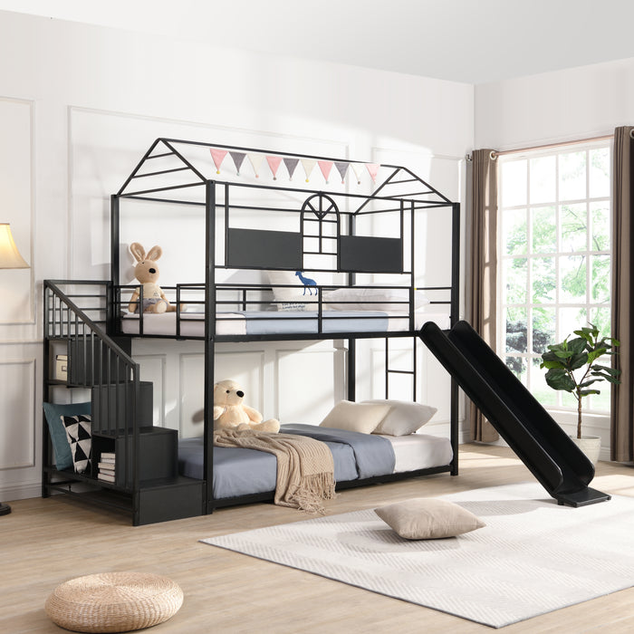 Metal bunk bed with slide and steps - Black