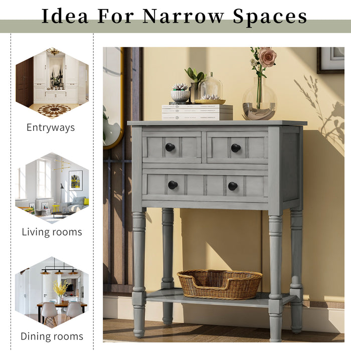 Narrow Console Table with Three Storage Drawers and Bottom Shelf - Gray Wash