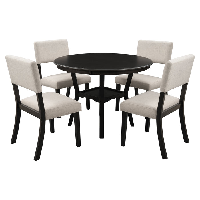 5-Piece Kitchen Dining Table Set Round Table with Bottom Shelf - Espresso