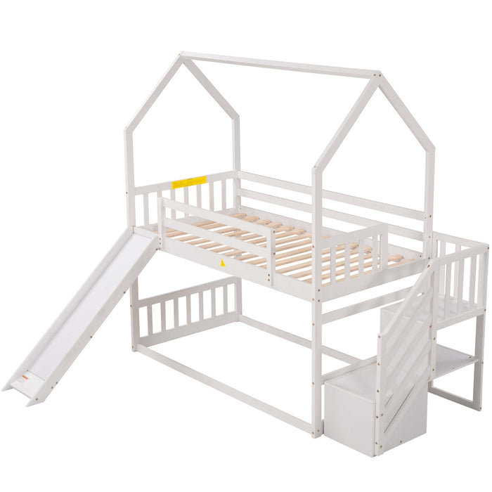 Twin over Twin House Bunk Bed with Convertible Slide, Storage Staircase -White