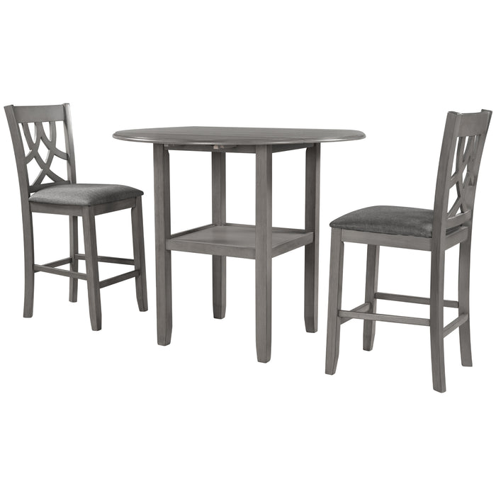 3-Piece Farmhouse Round Counter Height Kitchen Dining Table Set with Drop Leaf Table - Gray