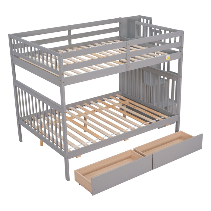 Full Over Full Bunk Bed with 2 Drawers and Staircases - Grey