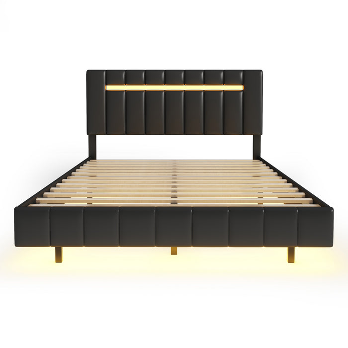 Queen Size Modern Upholstered Platform LED Bed  with LED Lights and USB Charging - Black