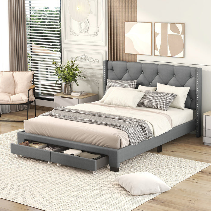 Queen Size Storage Bed Linen Upholstered Platform Bed with Two Drawers - Gray