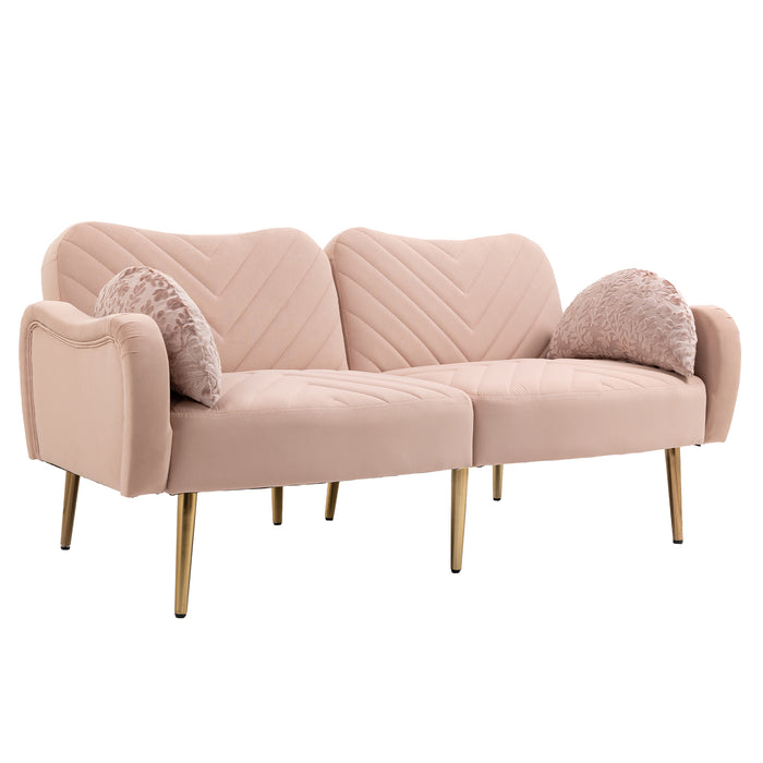 Mid Century Modern Velvet Love Seats Sofa with 2 Bolster Pillows - Pink