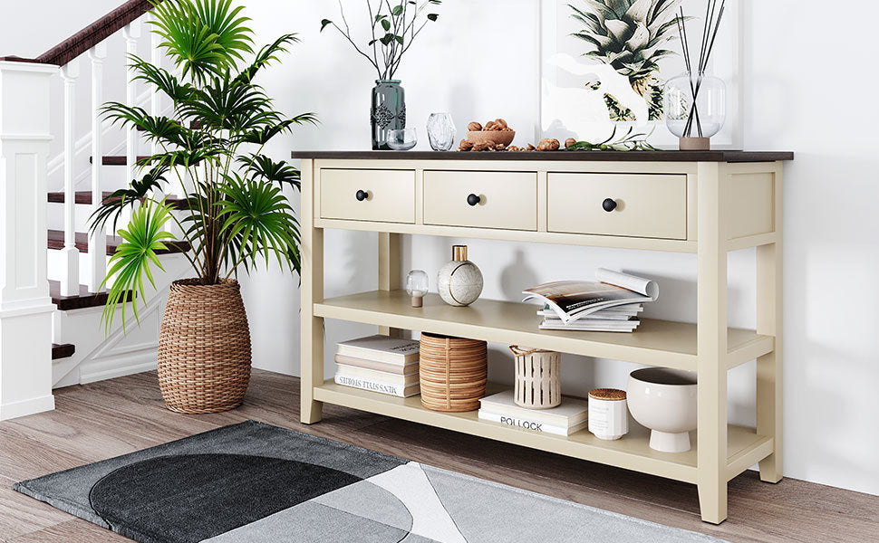 Retro Design Console Table with Two Open Shelves - Espresso + Beige