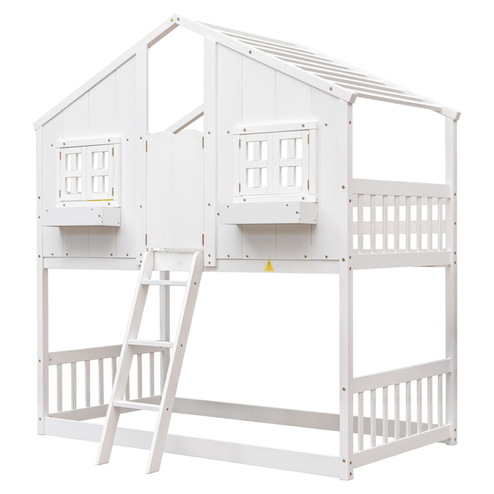 Twin over Twin House Bunk Bed with Roof , Windows - White