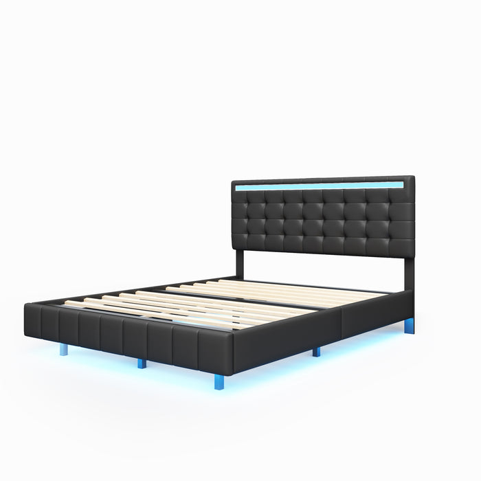 Queen Size Modern Upholstered Platform Bed with LED Lights and USB Charging - Black