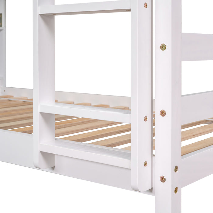 Twin Over Twin Bunk Beds with Bookcase Headboard - White