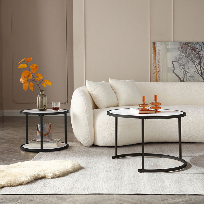 Modern Coffee Table with Marble Pattern MDF Top and Metal Frame - White