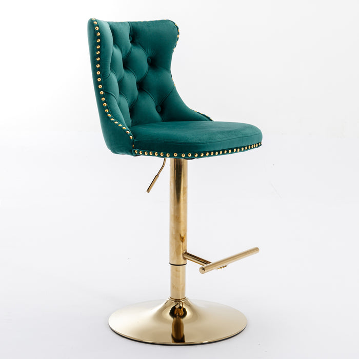 Golden Swivel Velvet Barstools, Green (Set of 2）