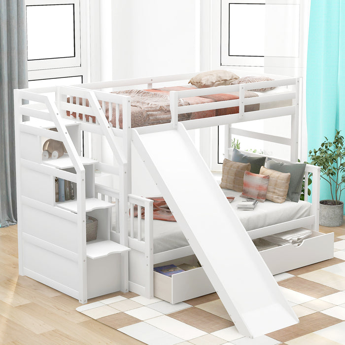 Multifunction Twin over Full Bunk Bed with Drawers, Storage and Slide - White