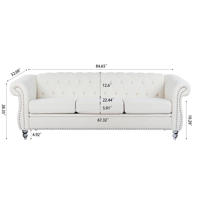 Rolled Arm Chesterfield 3 Seater Sofa - White