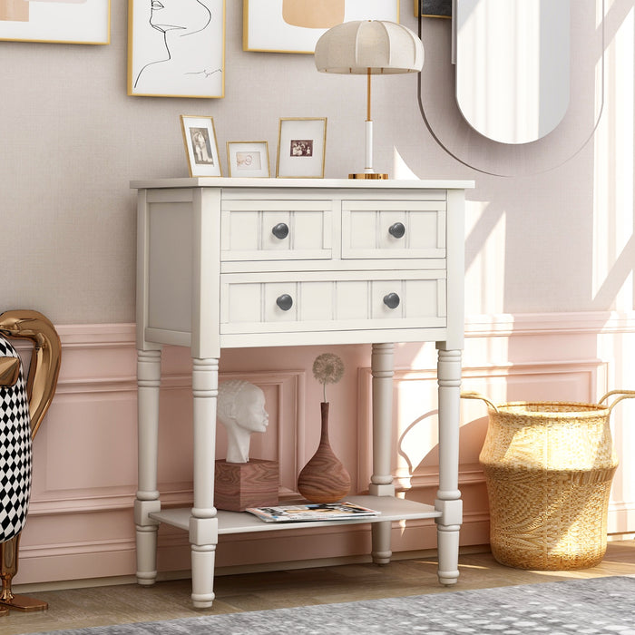 Narrow Console Table with Three Storage Drawers and Bottom Shelf - Ivory White