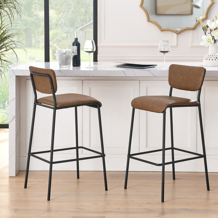 Pu Faux Leather Bar Stools Set of 2, Pub Barstools with Back and Footrest, Brown (18.25"x20“x38.5”）