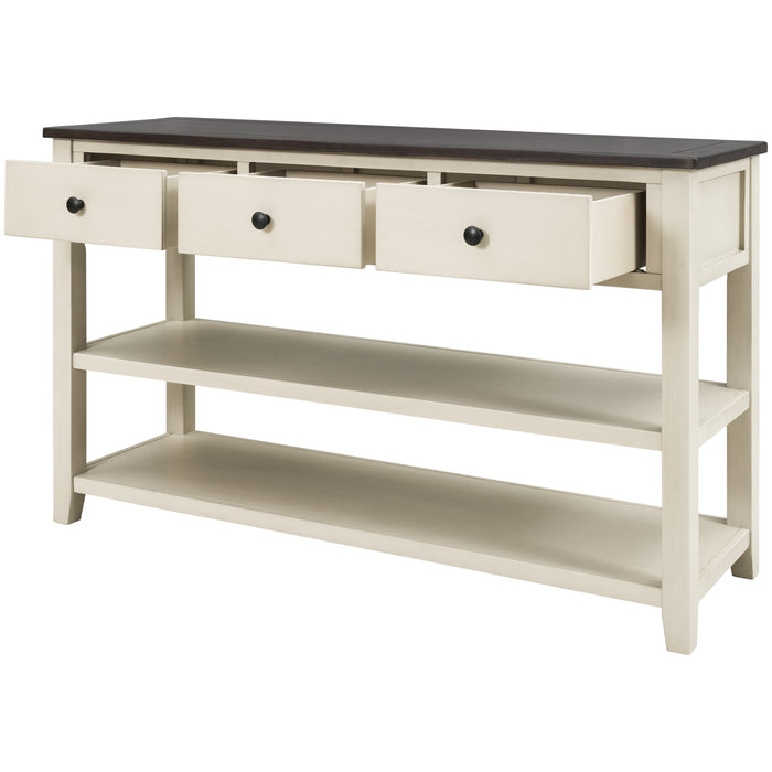 Retro Design Console Table with Two Open Shelves - Espresso + Beige