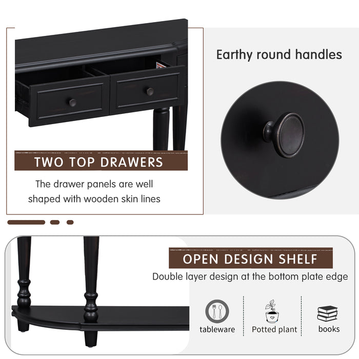 Retro Circular Curved Design Console Table with Open Style Shelf - Black