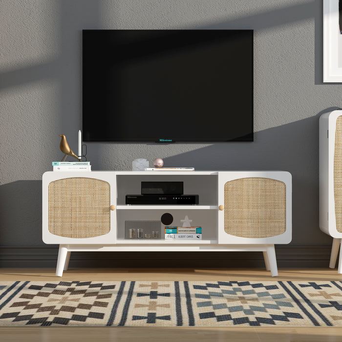 White TV Console with Rattan Door