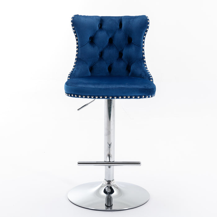 Swivel Velvet Barstools, Blue (Set of 2）